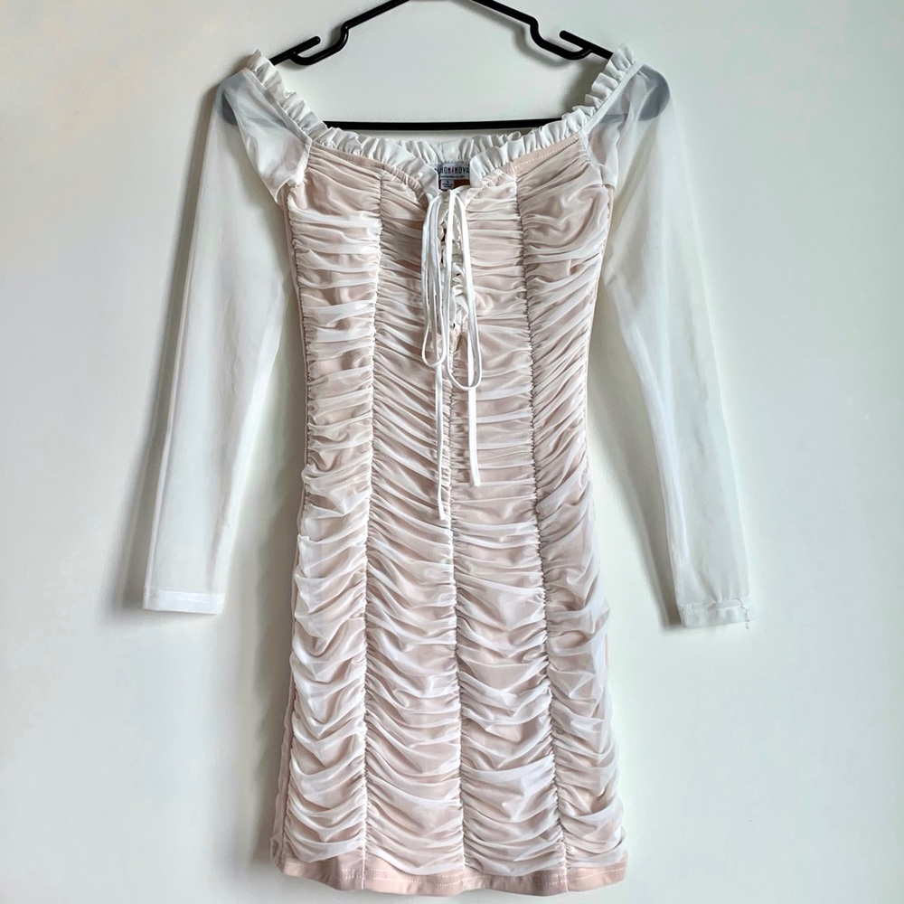 Fashion Nova Maura Mesh White Ruched Off-Shoulder Mini Dress Size S (EUC)